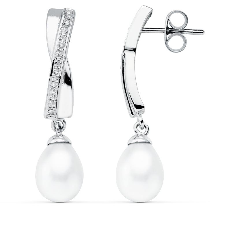 9K PENDIENTES ORO BLANCO PERLA 32X7 MM CIERRE PRESION