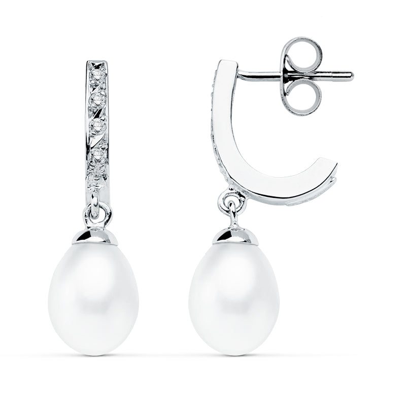 9K PENDIENTES ORO BLANCO PERLA 25X7 MM CIERRE PRESION