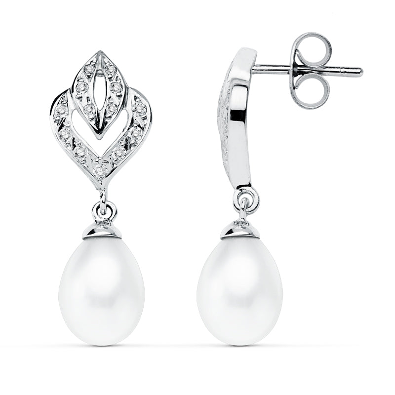 9K PENDIENTES ORO BLANCO PERLA 28X10 MM CIERRE PRESION