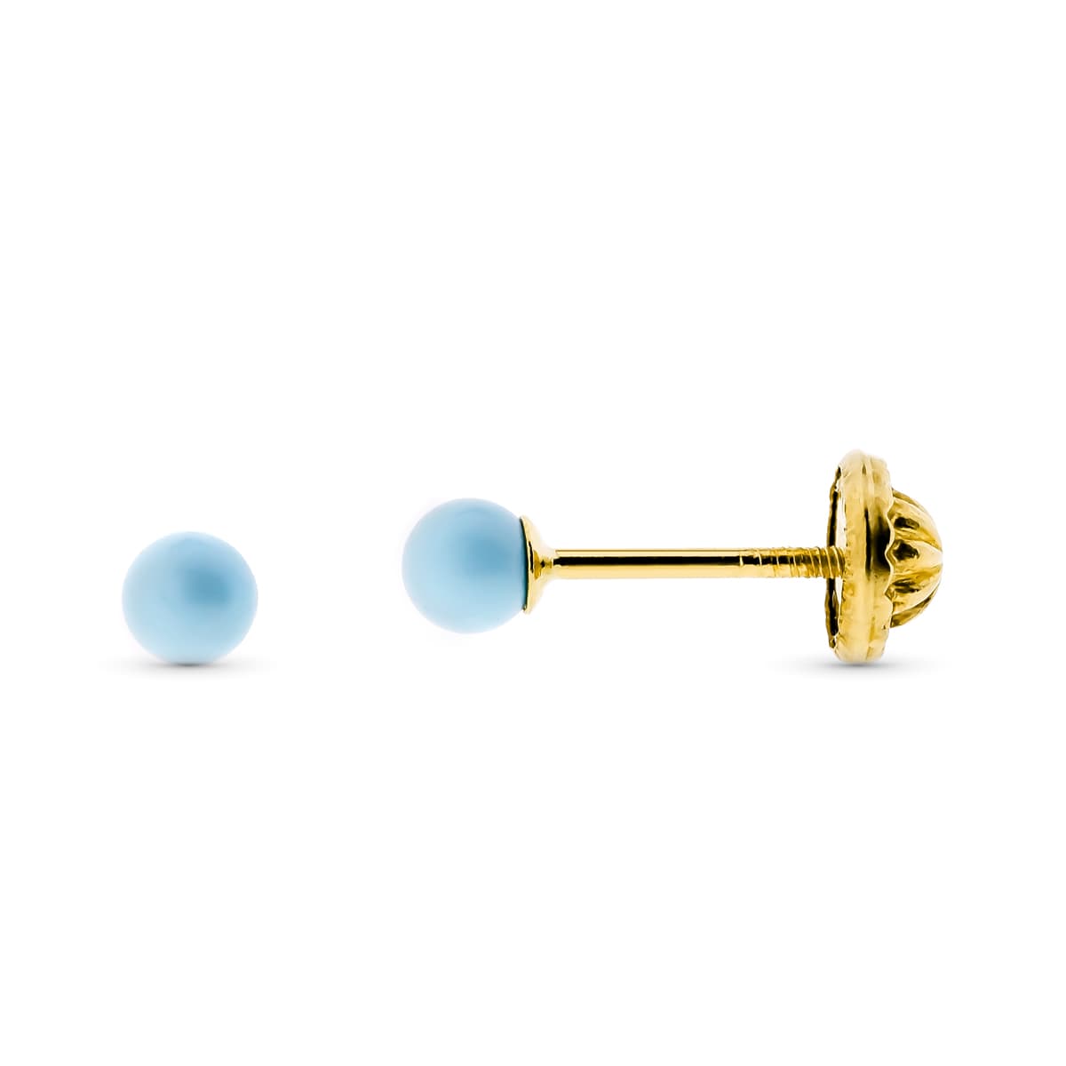 Pendientes Turquesa Redonda 3 mm. Cierre Tuerca de oro amarillo 9K