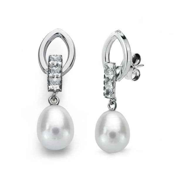 18K PENDIENTES LARGOS ORO BLANCO PERLA Y CIRCONITA PRESION
