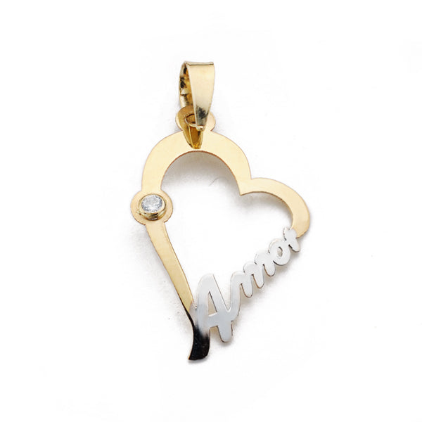 Colgante Bicolor Corazon con Palabra Amor y Circonita. Medida: 22 x 15 mm 9K