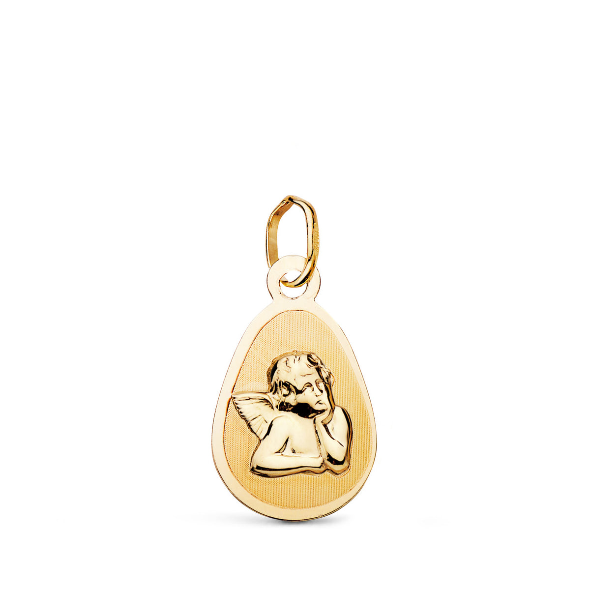 Medalla Angel Burlon Lagrima Mate y Brillo. Medida: 17 x 10 mm de oro amarillo 9K