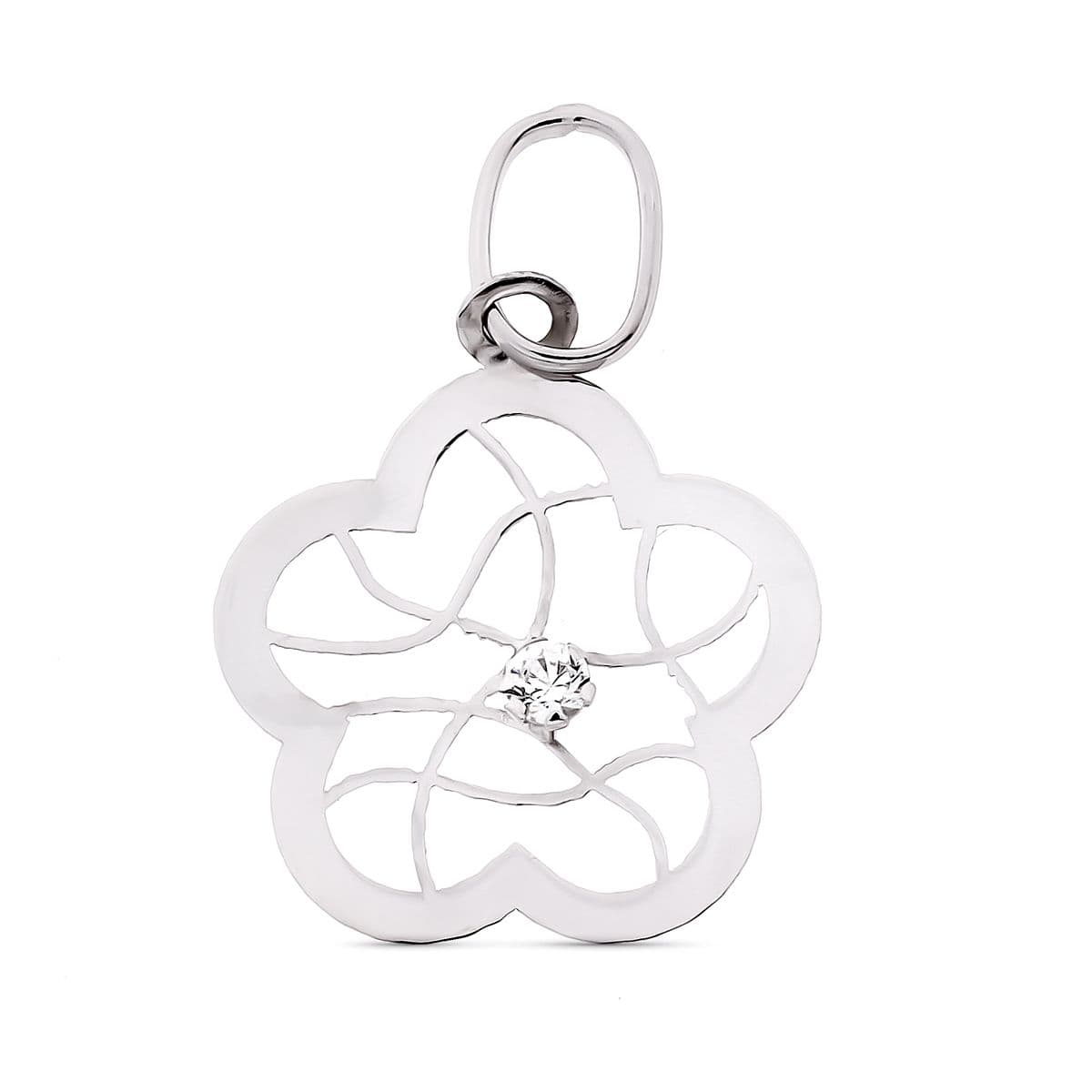 Colgante Flor Calada en Brillo con Circonita. Medida: 16 x 14 mm de oro blanco 9K