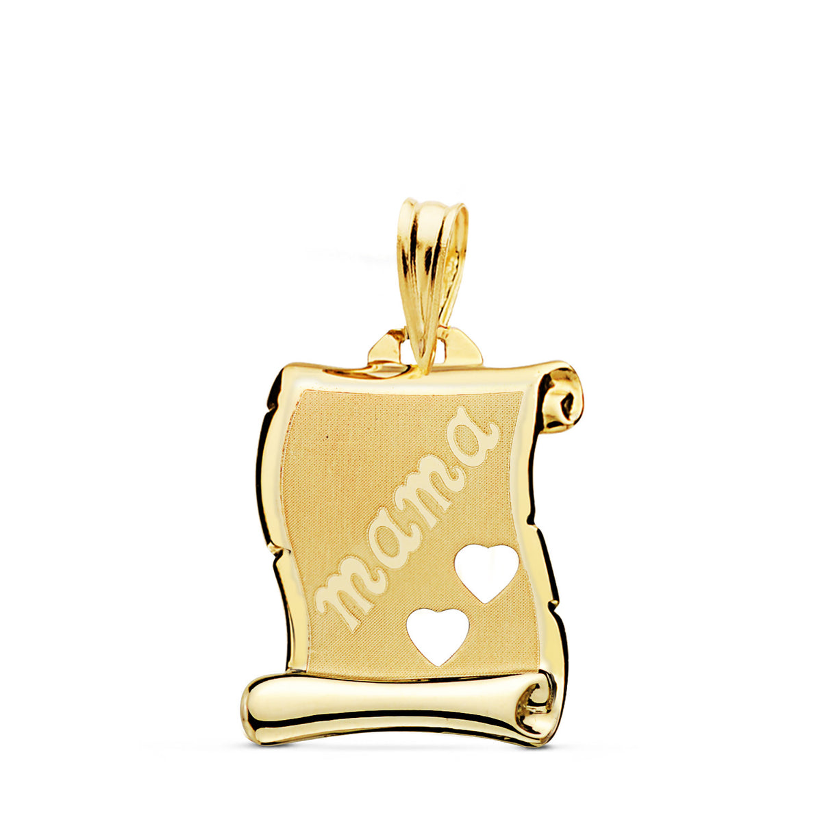 Placa Chapa Colgante Pergamino Brillo y Mate Mama con Corazones Calados 18 x 14 mm de oro amarillo 9K