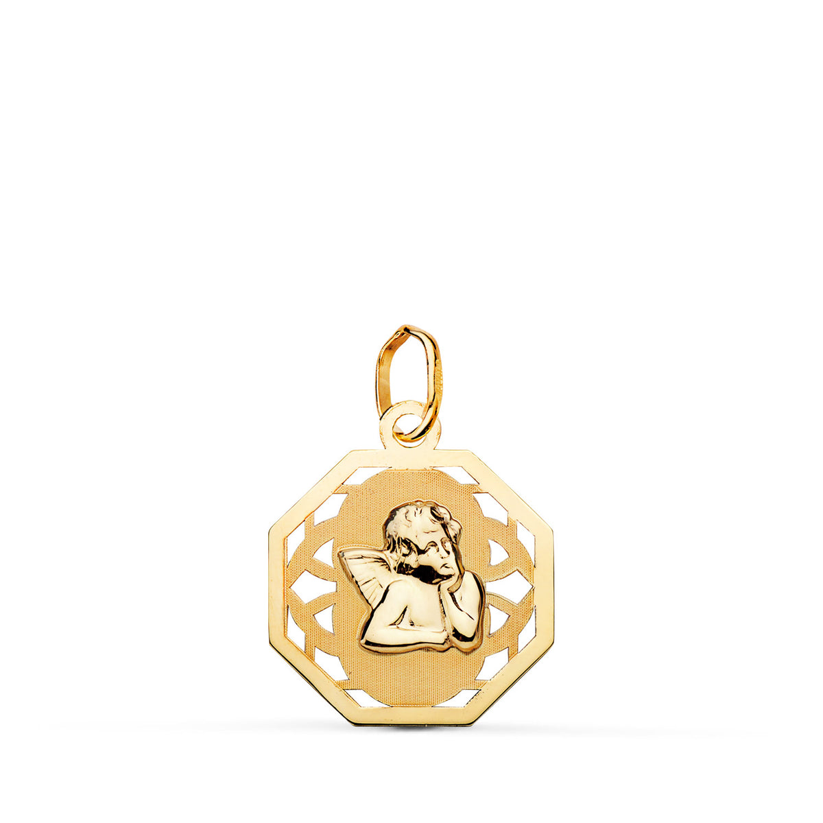 Medalla Angelito Octogonal Calada Mate y Brillo. Medida: 17 x 15 mm de oro amarillo 9K