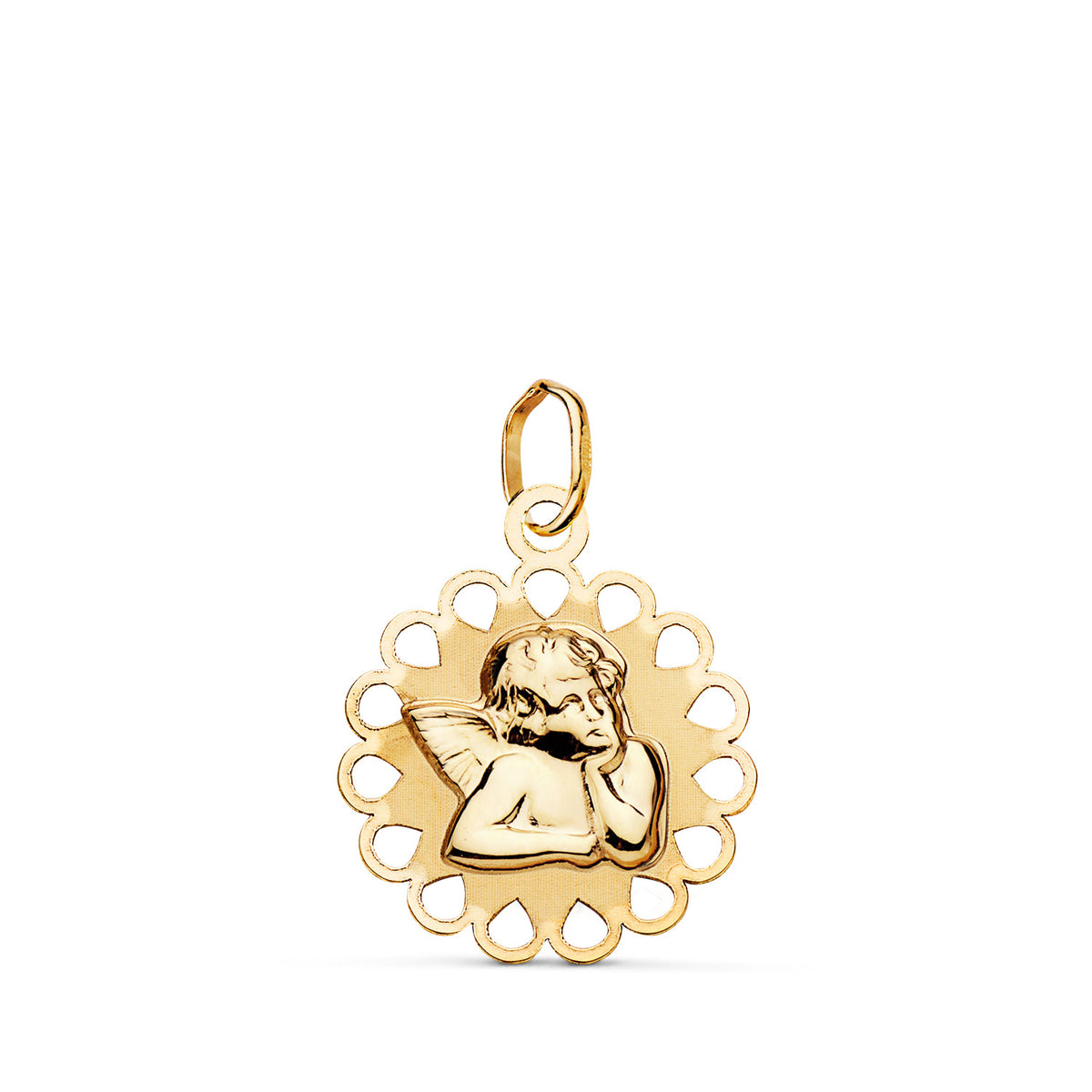 Medalla Angelito Redondo Calado Mate y Brillo. Medida: 18 x 15 mm de oro amarillo 9K