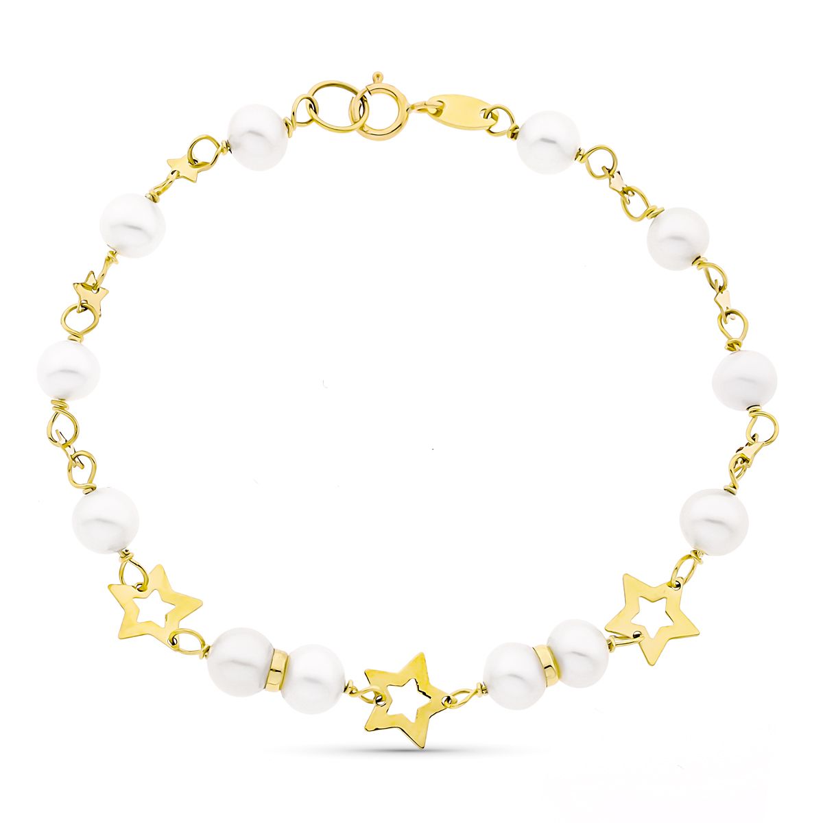 9K PULSERA ORO AMARILLO CON PERLA DE 5 MM Y ESTRELLAS CALADAS. 17CM
