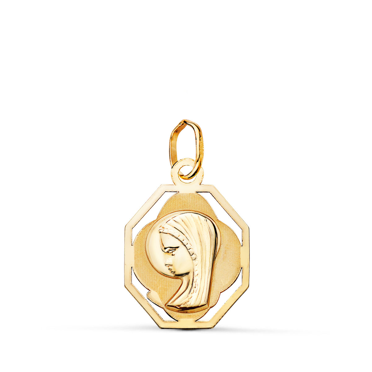 Medalla Virgen Niña Octogonal Calada Mate y Brillo. Medida: 18 x 12,5 mm de oro amarillo 9K