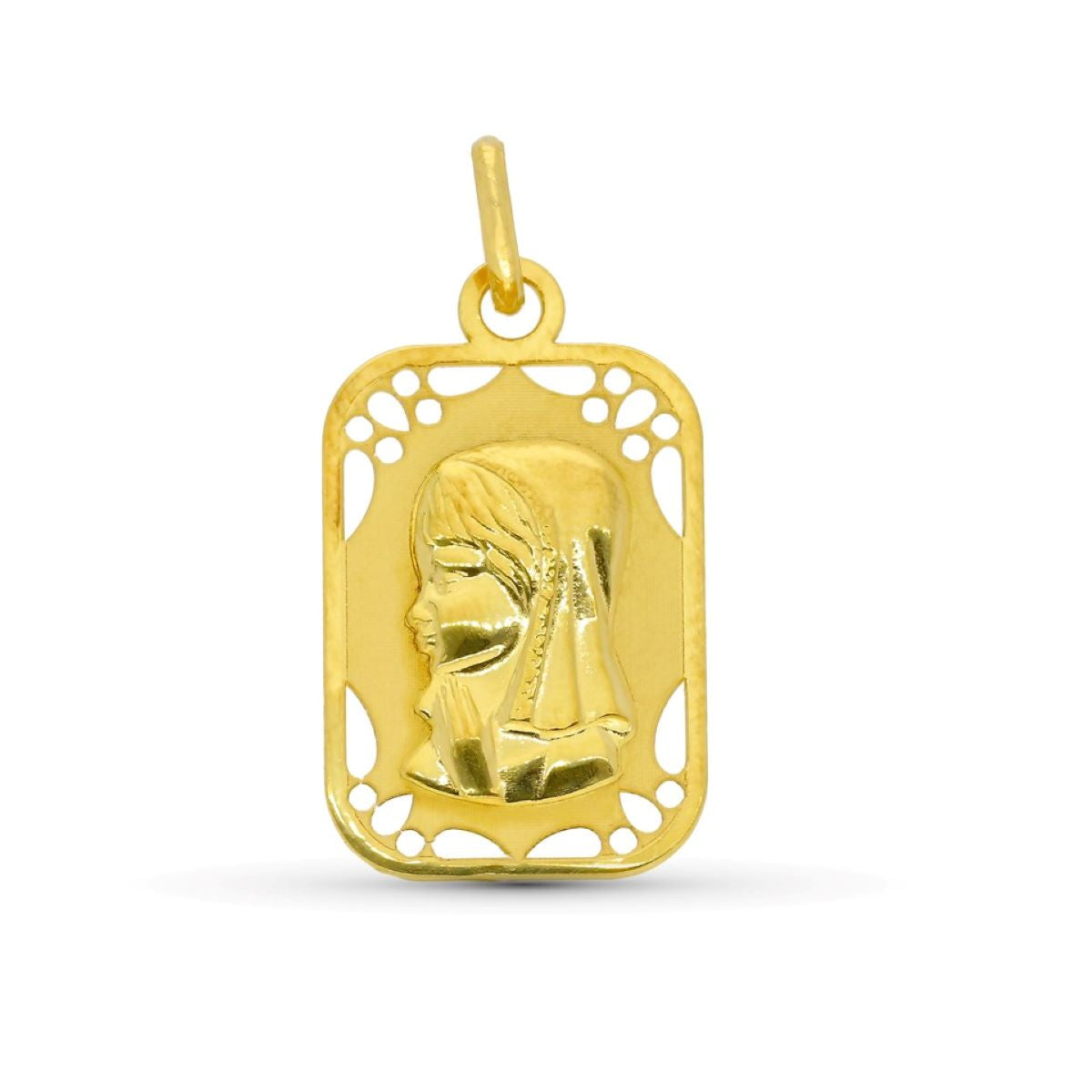 9K MEDALLA ORO AMARILLO VIRGEN NIÑA CALADA MATE Y BRILLO 19X11 MM