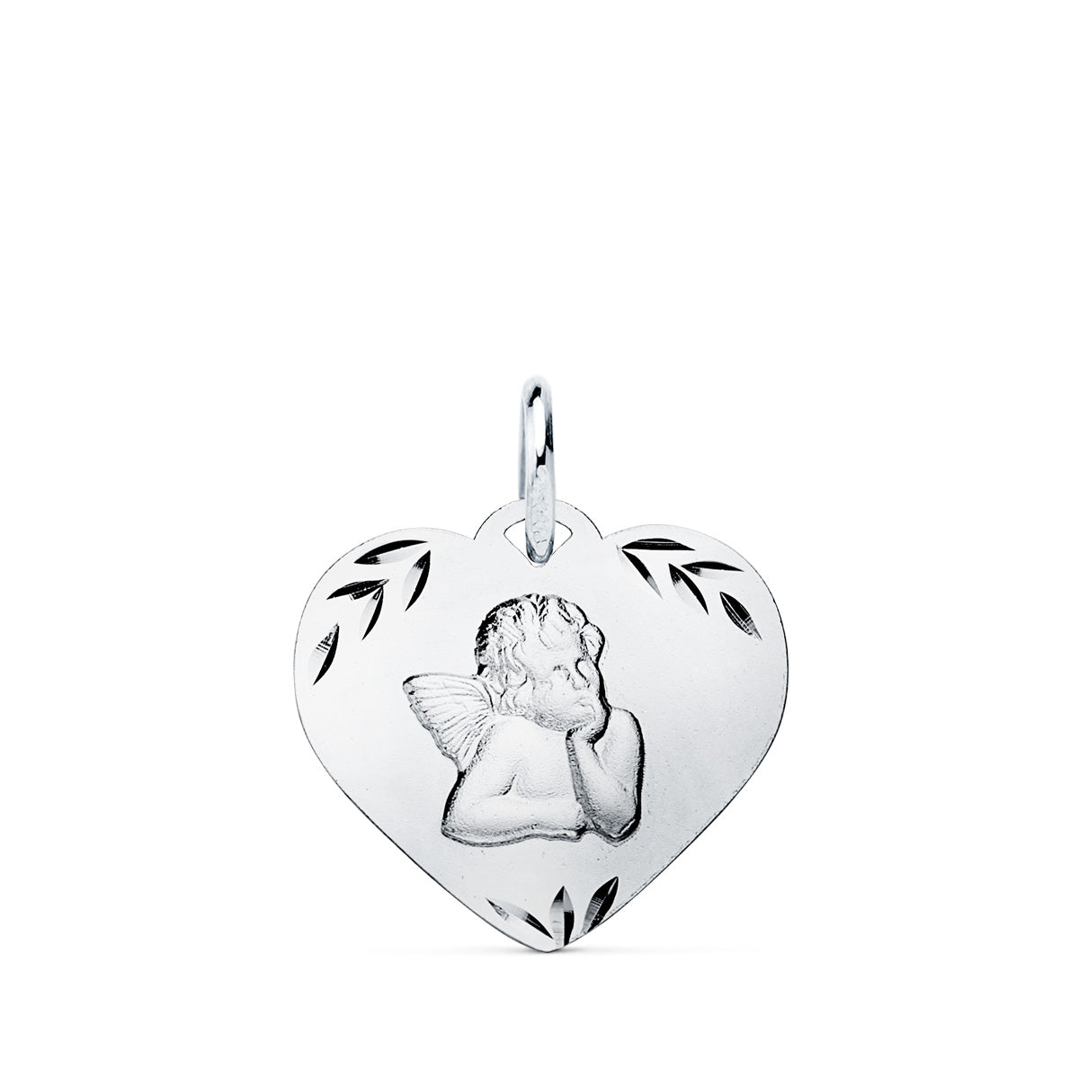 Colgante Corazon con Angelito Tallado 16 x 14 mm de oro blanco 9K