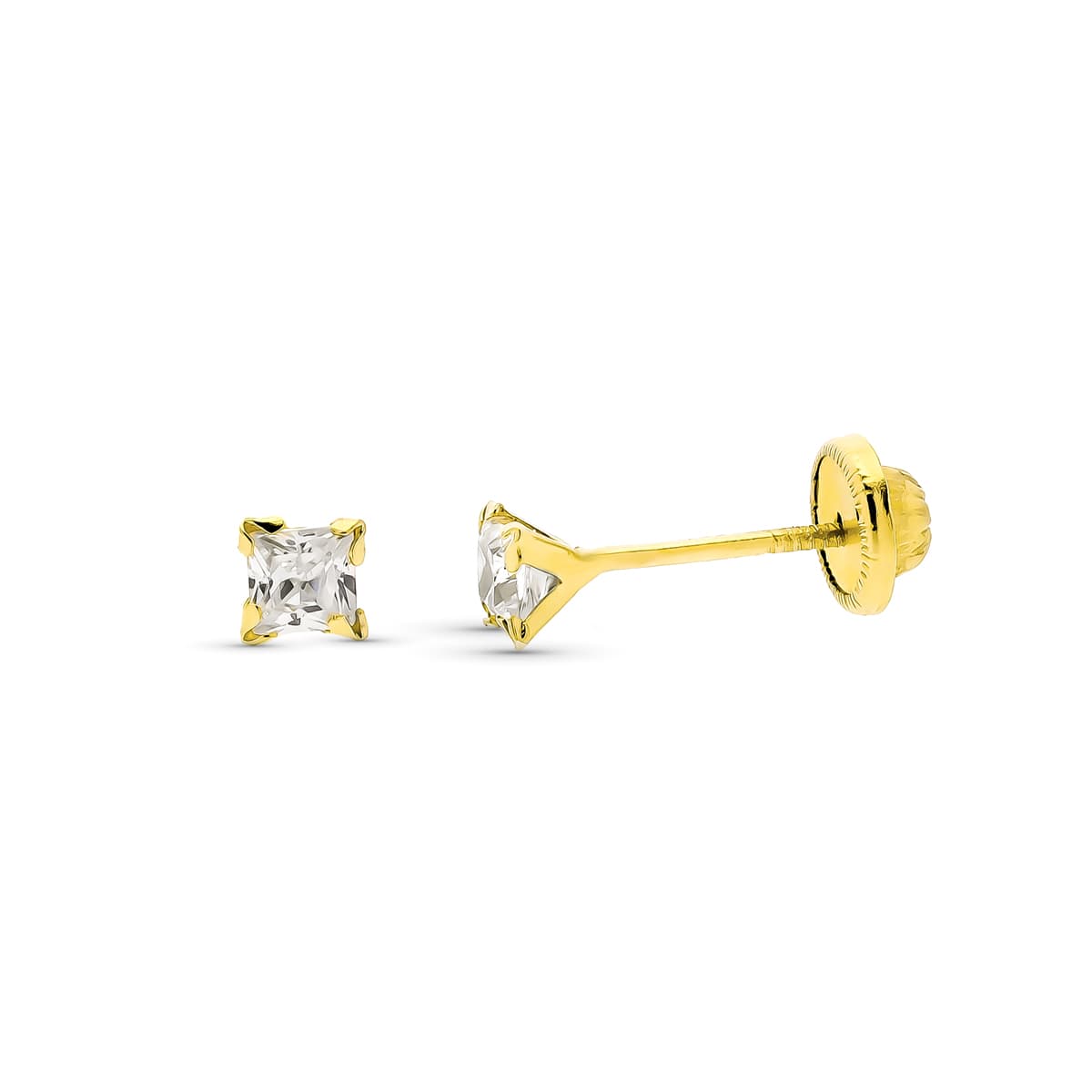 Pendientes Circonita Cuadrada 3 x 3 mm. Cierre Tuerca de oro amarillo 9K