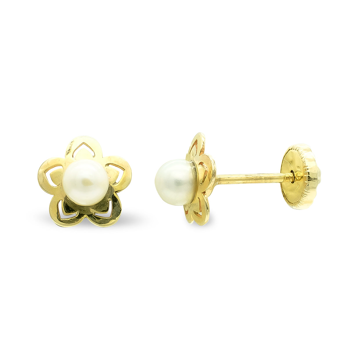 Pendientes Flor 7 mm y Perla 3,5 mm Cierre Tuerca de oro amarillo 9K