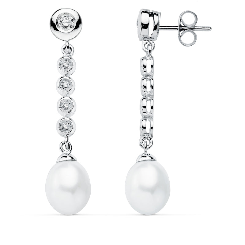 Pendientes Perla 40 x 10 mm de oro blanco 9K