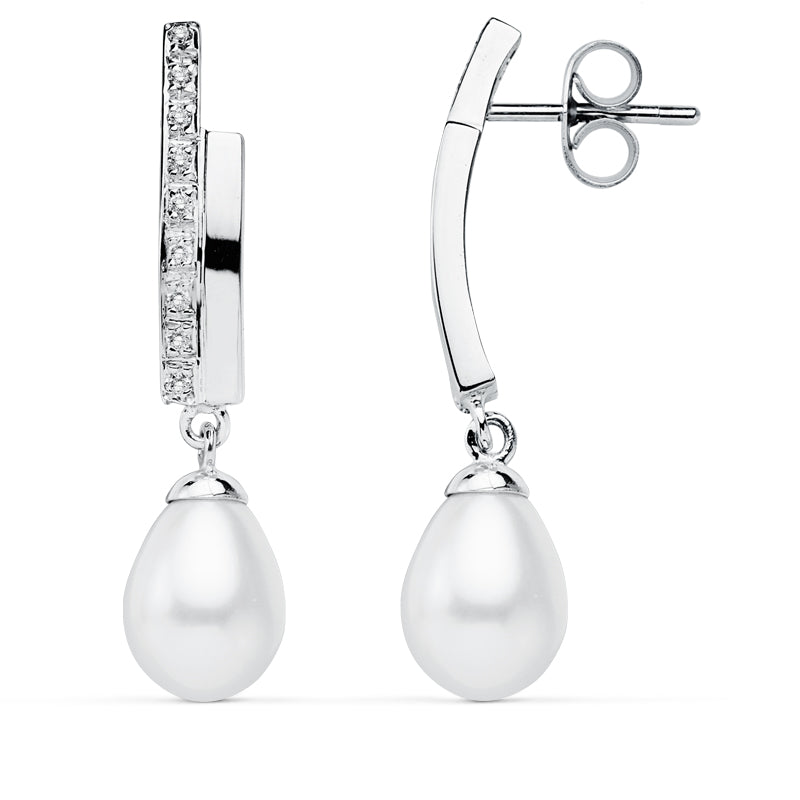 9K PENDIENTES ORO BLANCO PERLA 32X8 MM CIERRE PRESION