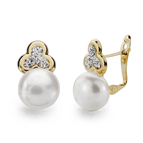 Pendientes Trebol y Perla 16 x 9 mm de oro amarillo 9K