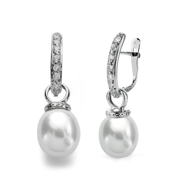 9K PENDIENTES ORO BLANCO PERLA 28X9 MM CIERRE CATALAN
