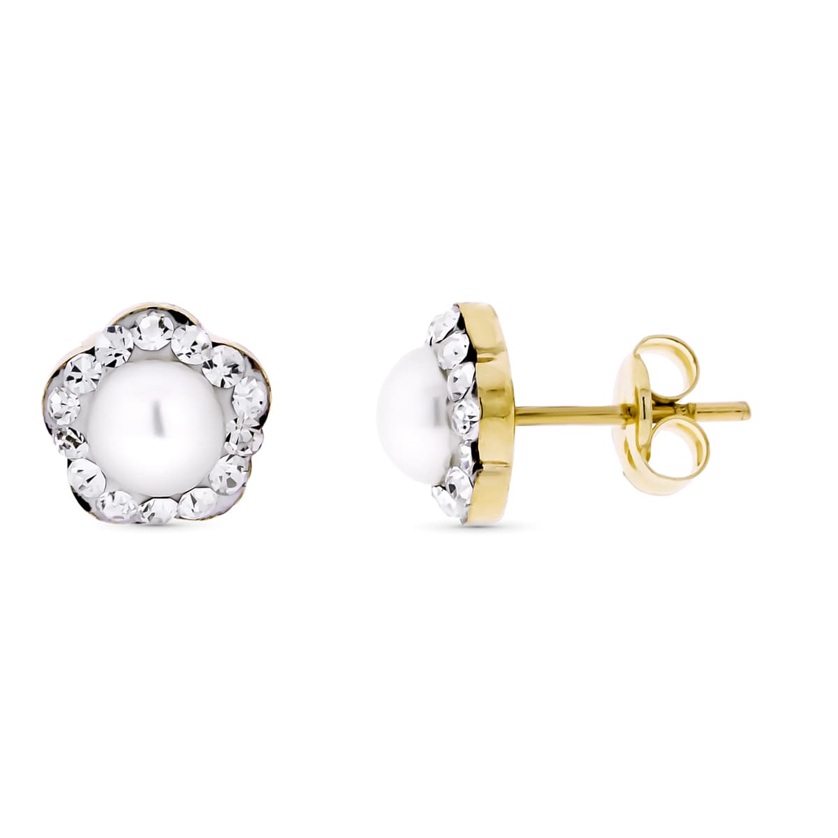 Pendientes Flor con Circonitas y Perla 5 mm. Medida: 7 x 7 mm. de oro amarillo 9K