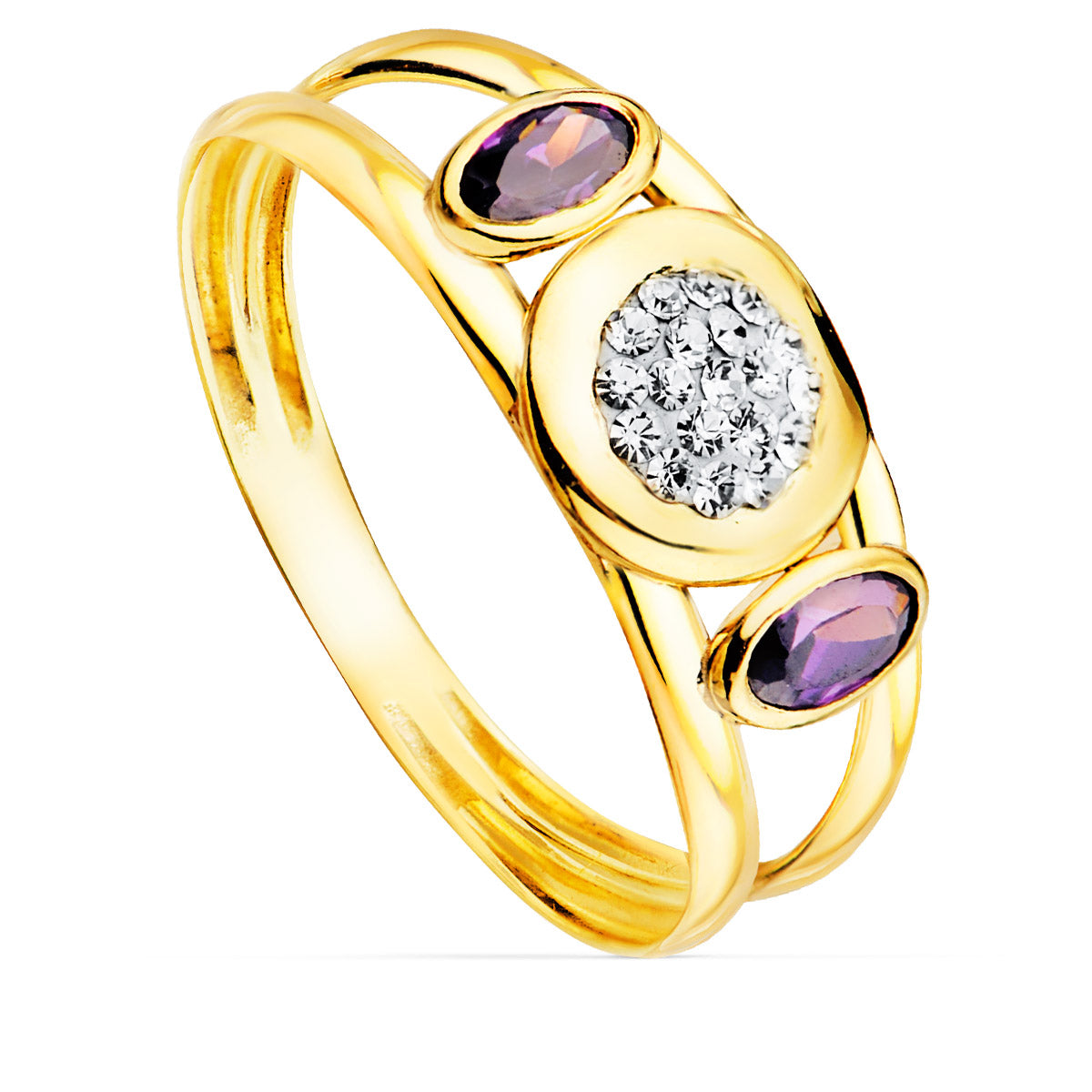 9K SORTIJA ORO AMARILLO DOBLE CUERPO CON AMATISTAS Y MOTIVO REDONDO. ANCHO: 8 MM