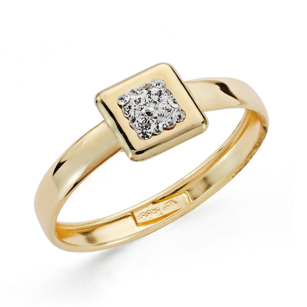 9K SORTIJA ORO AMARILLO CON MOTIVO CUADRADO Y CIRCONITAS. ANCHO: 6,5MM