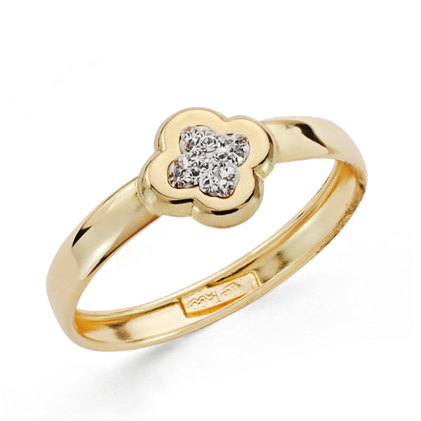 9K SORTIJA ORO AMARILLO BANDA CON TREBOL Y CIRCONITAS. ANCHO: 8 MM