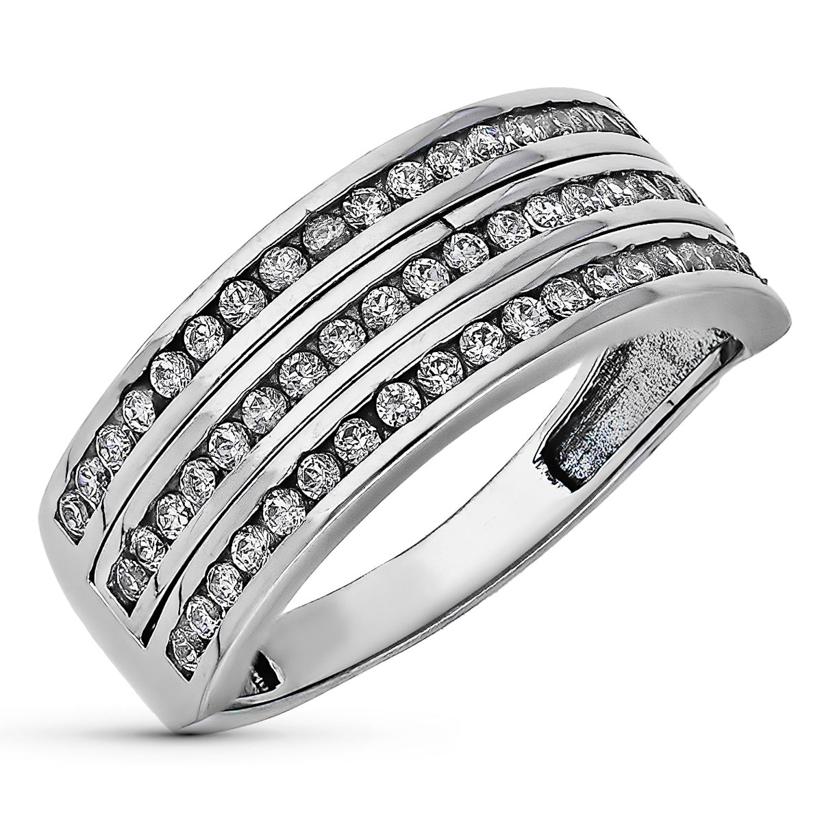 9K SORTIJA ORO BLANCO TRES CARRILES CON CIRCONITAS. ANCHO: 8 MM