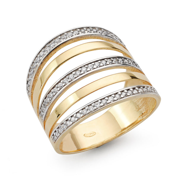 9K SORTIJA ORO BICOLOR BANDAS LISAS Y CON CIRCONITAS. ANCHO: 16 MM