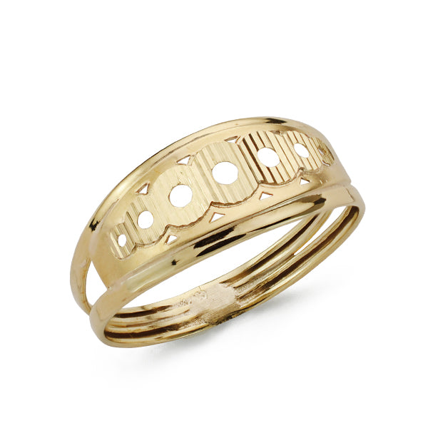 9K SORTIJA ORO AMARILLO MOTIVO CALADO CIRCULOS TALLADOS. ANCHO: 8 MM