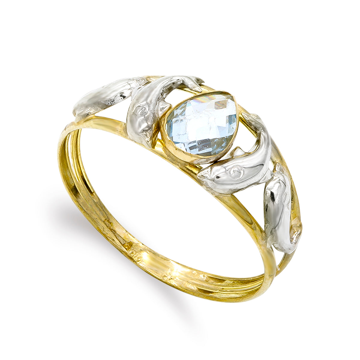 9K SORTIJA ORO BICOLOR DOBLE CUERPO DELFINES CON CIRCONITA AGUAMARINA. ANCHO: 8,5 MM