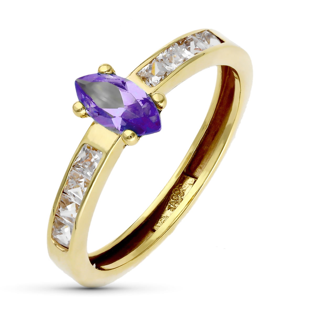 Sortija Circonita Amatista Marquise y Circonitas en Carril. Ancho: 8 mm de oro amarillo 9K