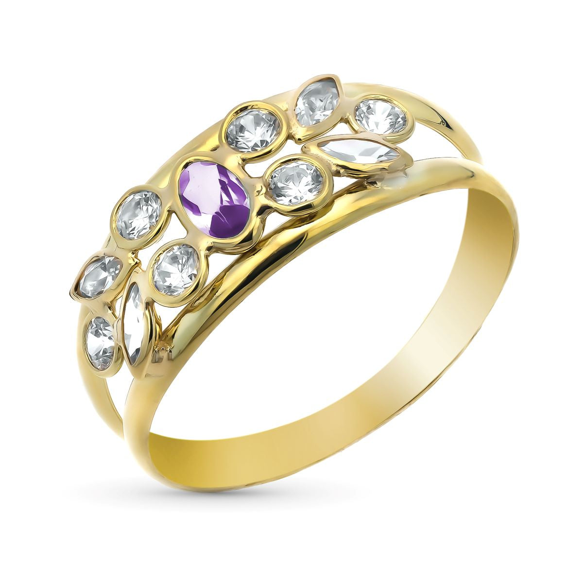 9K SORTIJA ORO AMARILLO DOBLE CUERPO CON AMATISTA Y CIRCONITAS. ANCHO 8 MM
