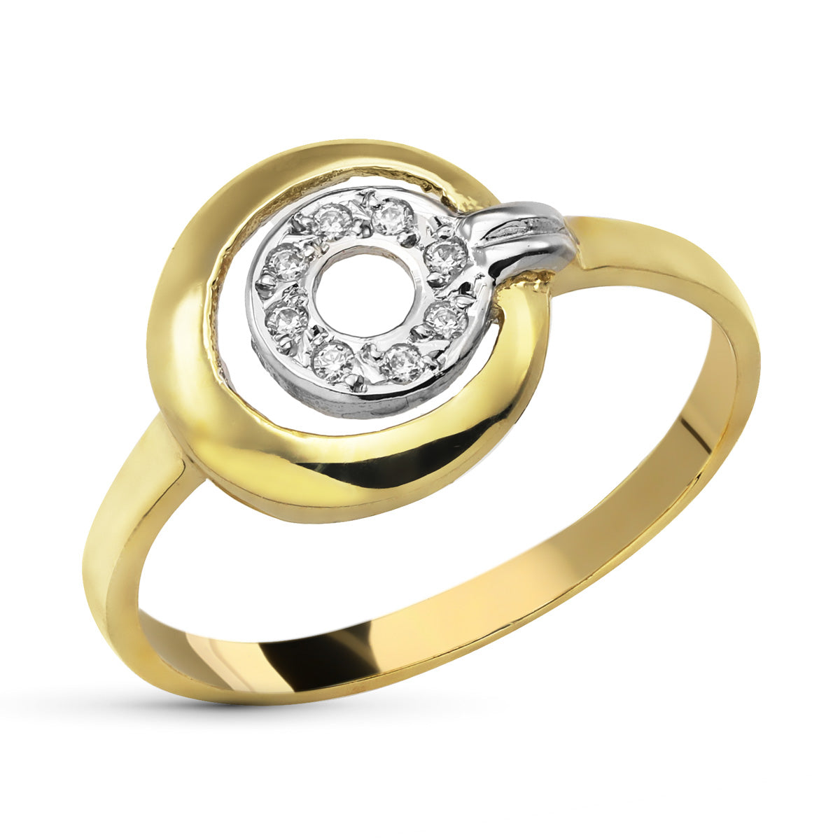 9K SORTIJA ORO BICOLOR MOTIVO REDONDO CALADO CON CIRCONITAS. ANCHO: 10 MM