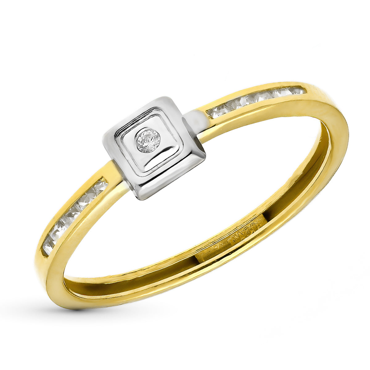 9K SORTIJA ORO BICOLOR MOTIVO CUADRADO CON CIRCONITA. ANCHO 5 MM