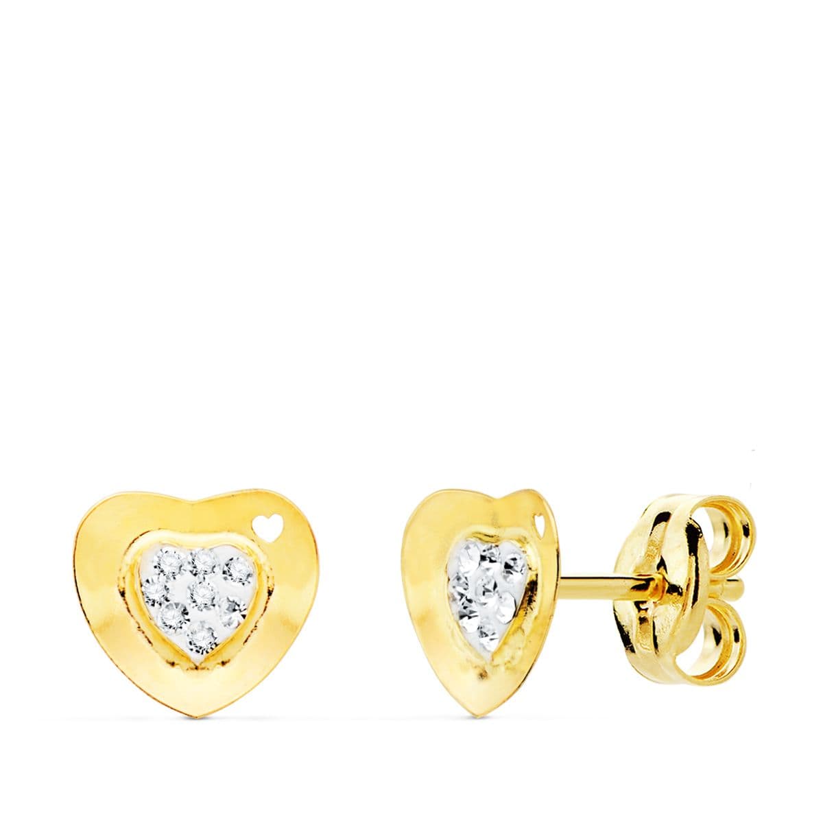 Pendientes Comunion Corazon y Circonita 7 x 7 mm presión de oro amarillo 9K