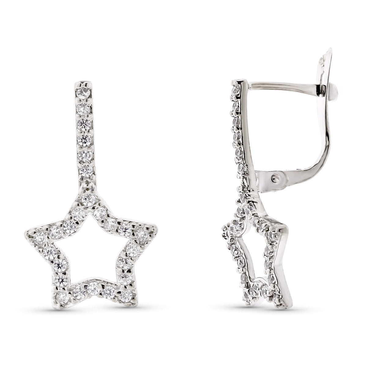 9K PENDIENTES ORO BLANCO DOBLE CUERPO ESTRELLA 20X12 MM CIERRE CATALAN