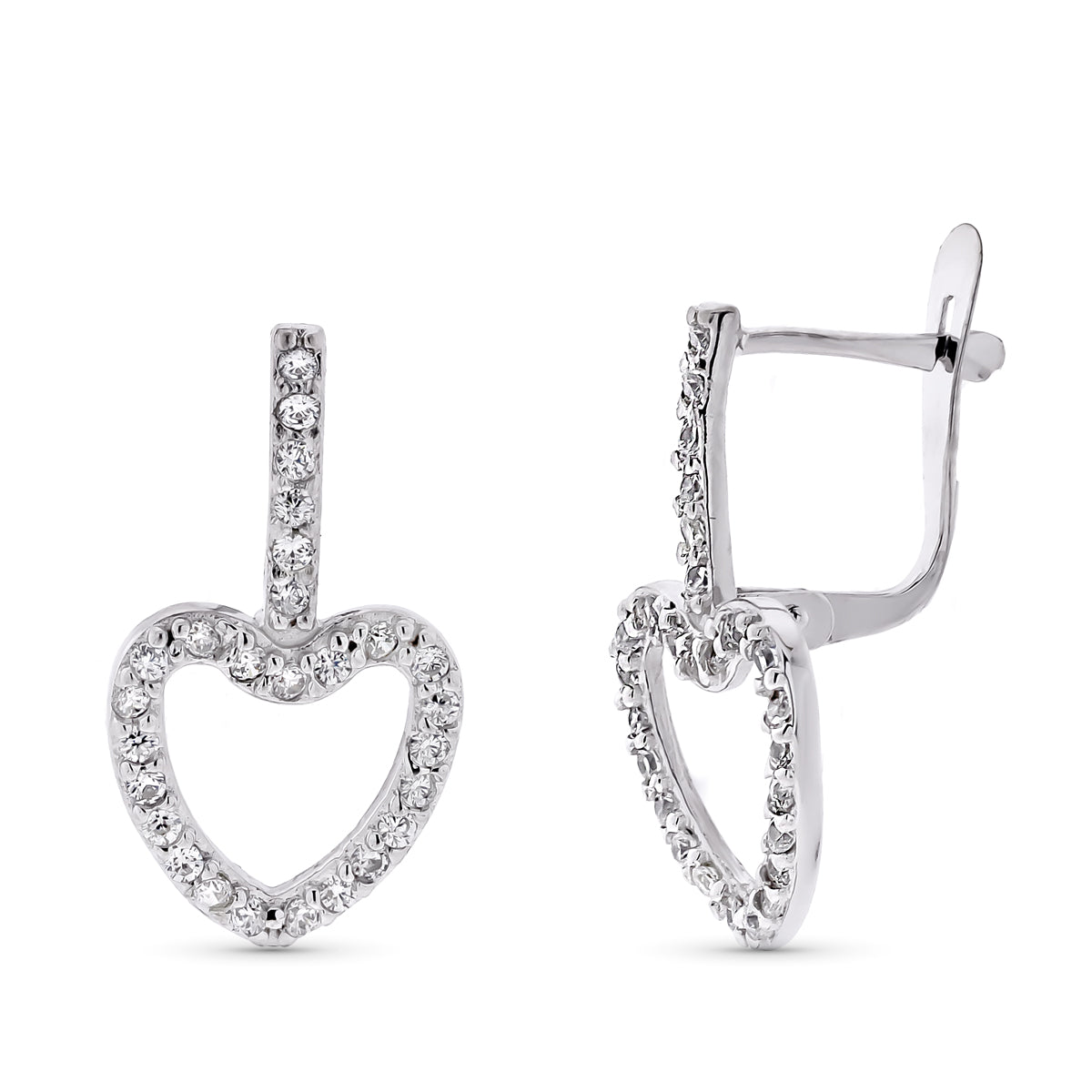 Pendientes Dos Cuerpos Corazon Circonita 20 x 10 mm de oro blanco 9K