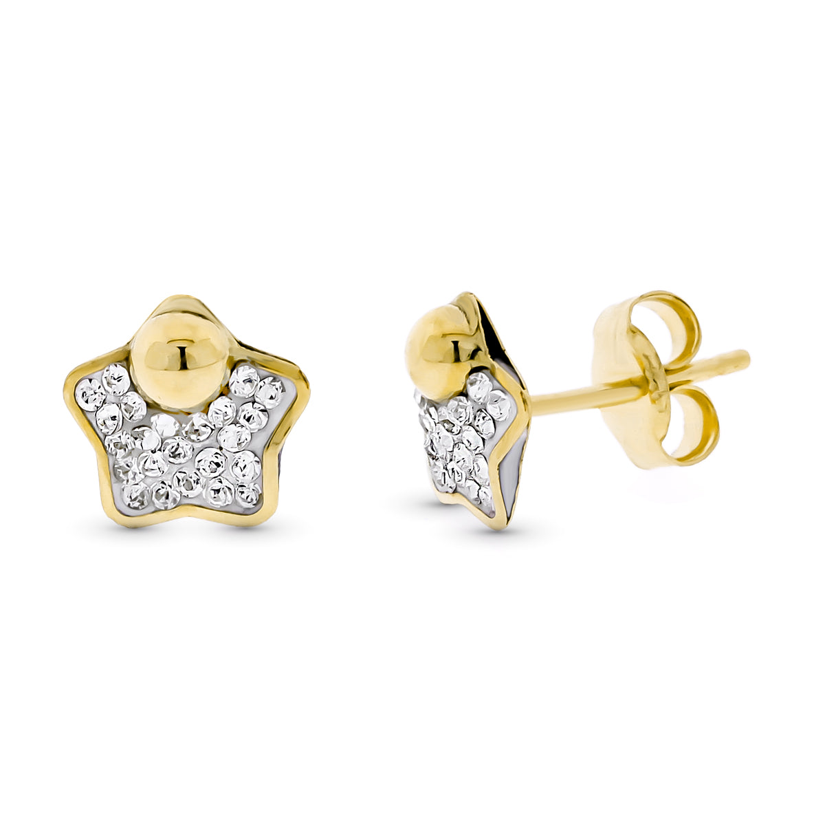 9K PENDIENTES ORO BICOLOR ESTRELLA PIEDRA Y 1/2 BOLA 7MM PRESION