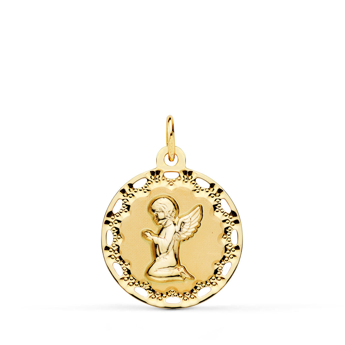 18K MEDALLA ORO AMARILLO ANGEL REZANDO CERCO CALADO 18 MM