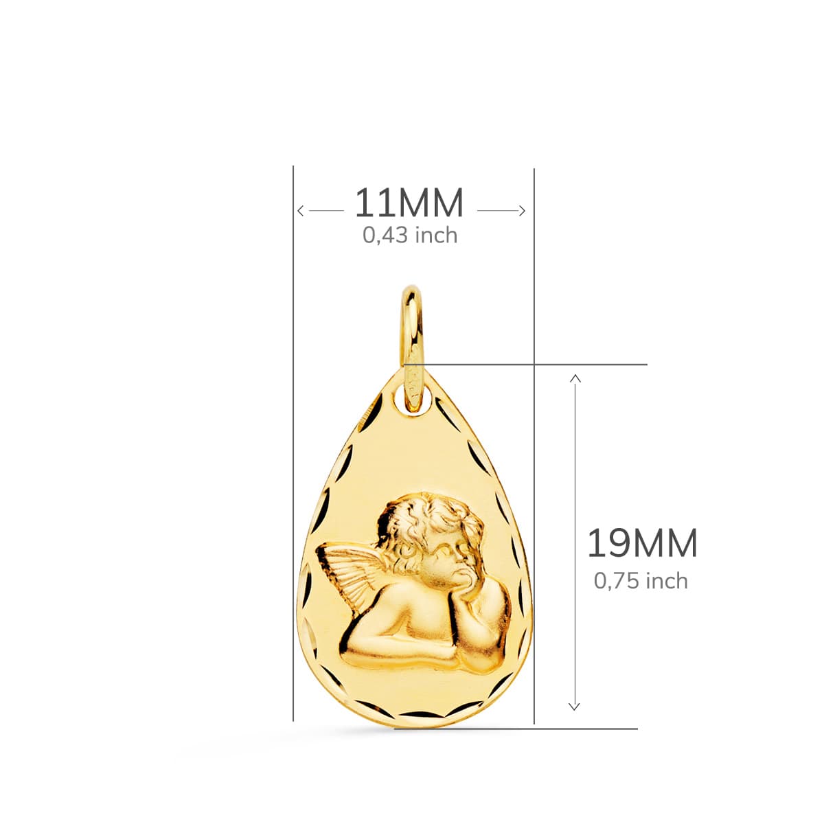 9K MEDALLA ORO AMARILLO GOTA ANGELITO BURLON TALLADA 19 X 11 MM