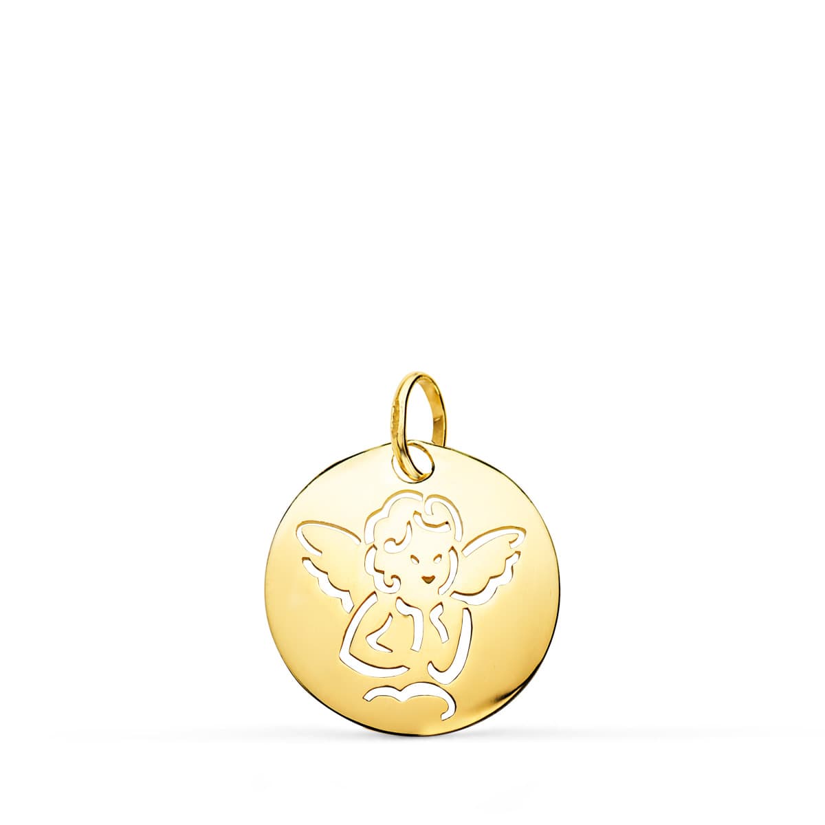 9K MEDALLA ORO AMARILLO ANGELITO ORO AMARILLO REDONDA CALADA TUMBO EN BRILLO 15 MM