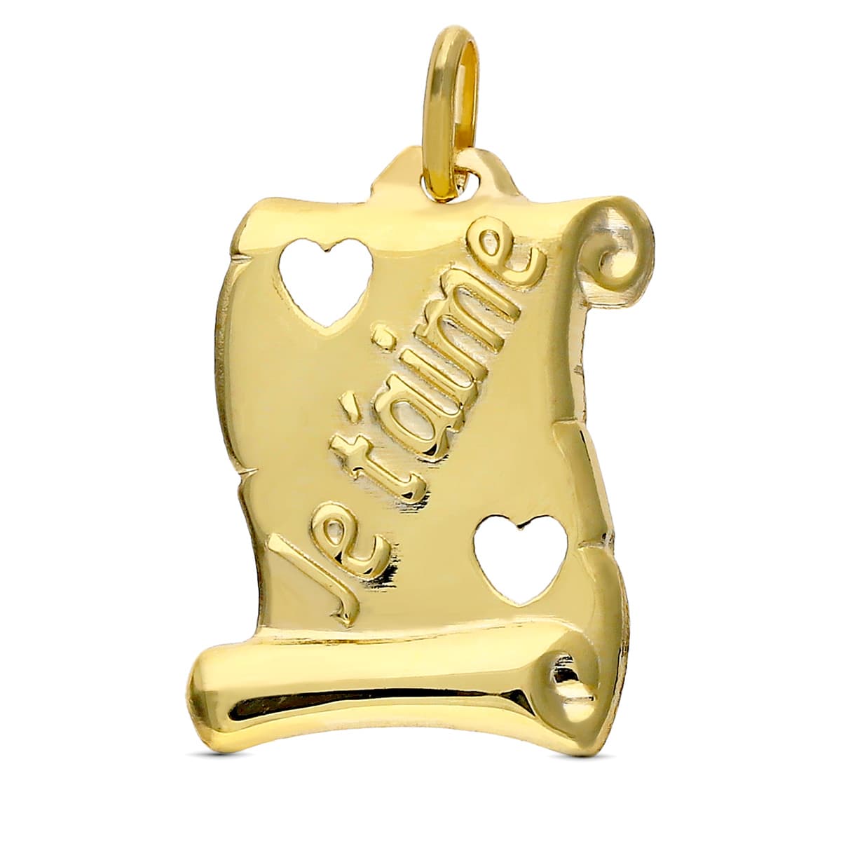 9K PERGAMINO ORO AMARILLO CORAZONES CALADOS "JE T´AIME" 17X14 MM