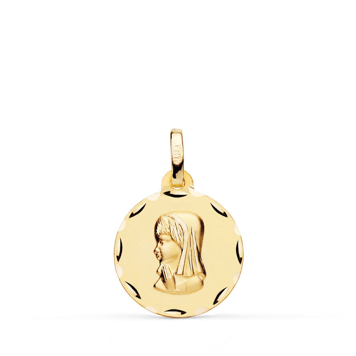 Medalla Virgen Niña Perfil Tallada. Medida: 16 mm de oro amarillo 9K