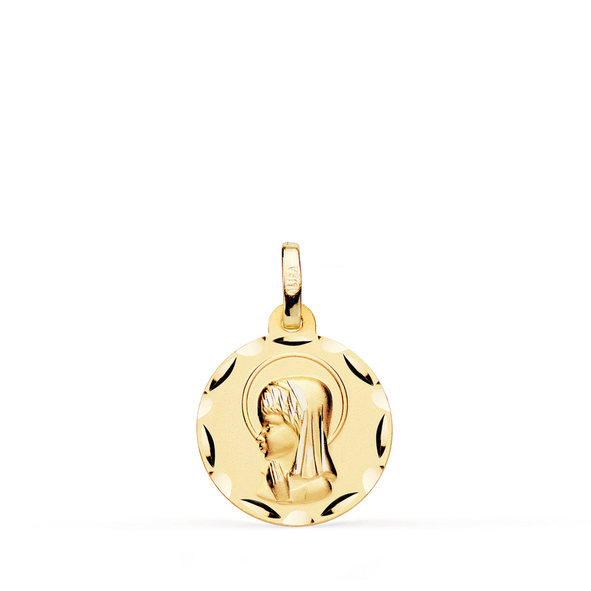 Medalla Virgen Niña Perfil Tallada. Medida: 14 mm de oro amarillo 9K