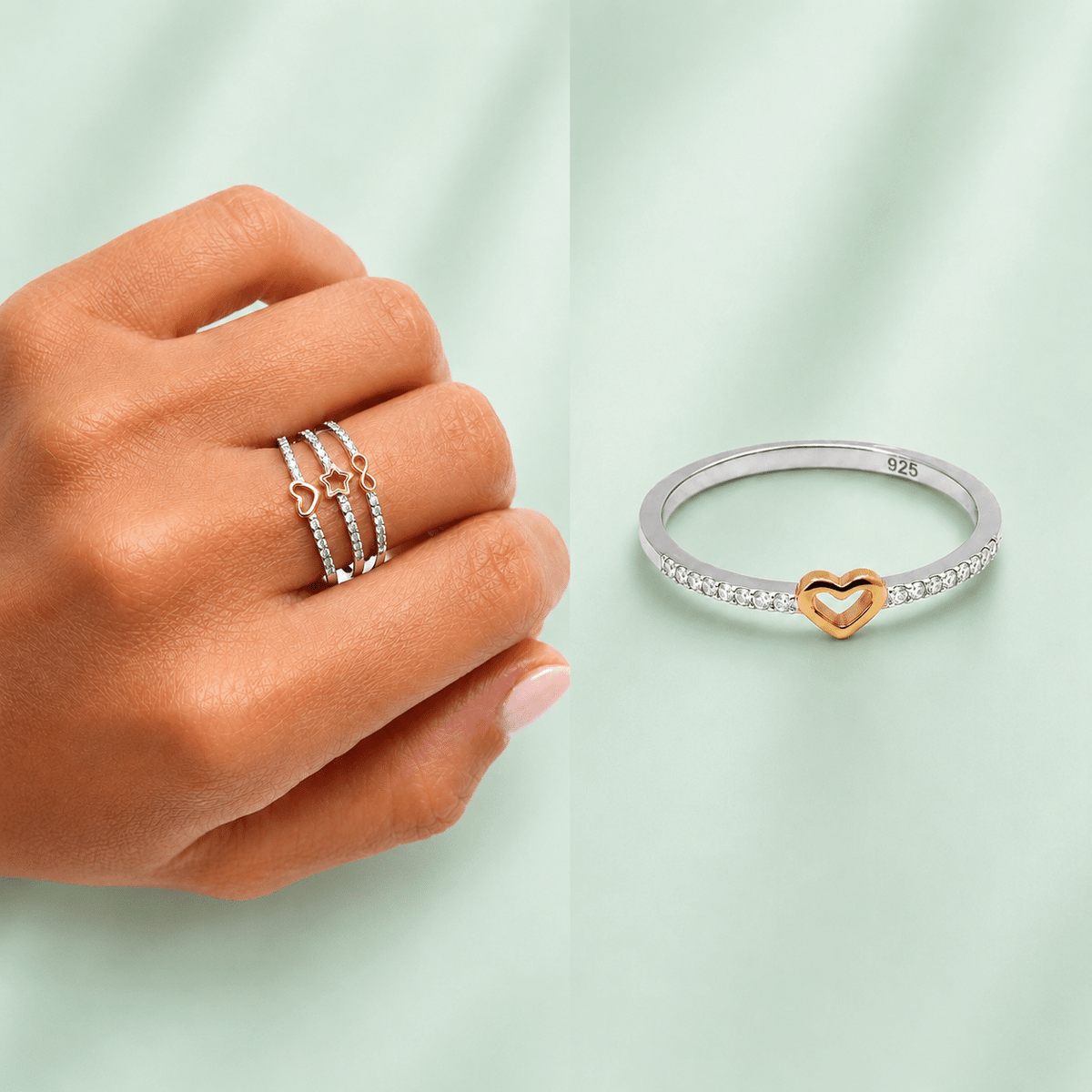Anillo bicolor corazón de plata de ley con baño de oro de 14 quilates - Joyería Zafir