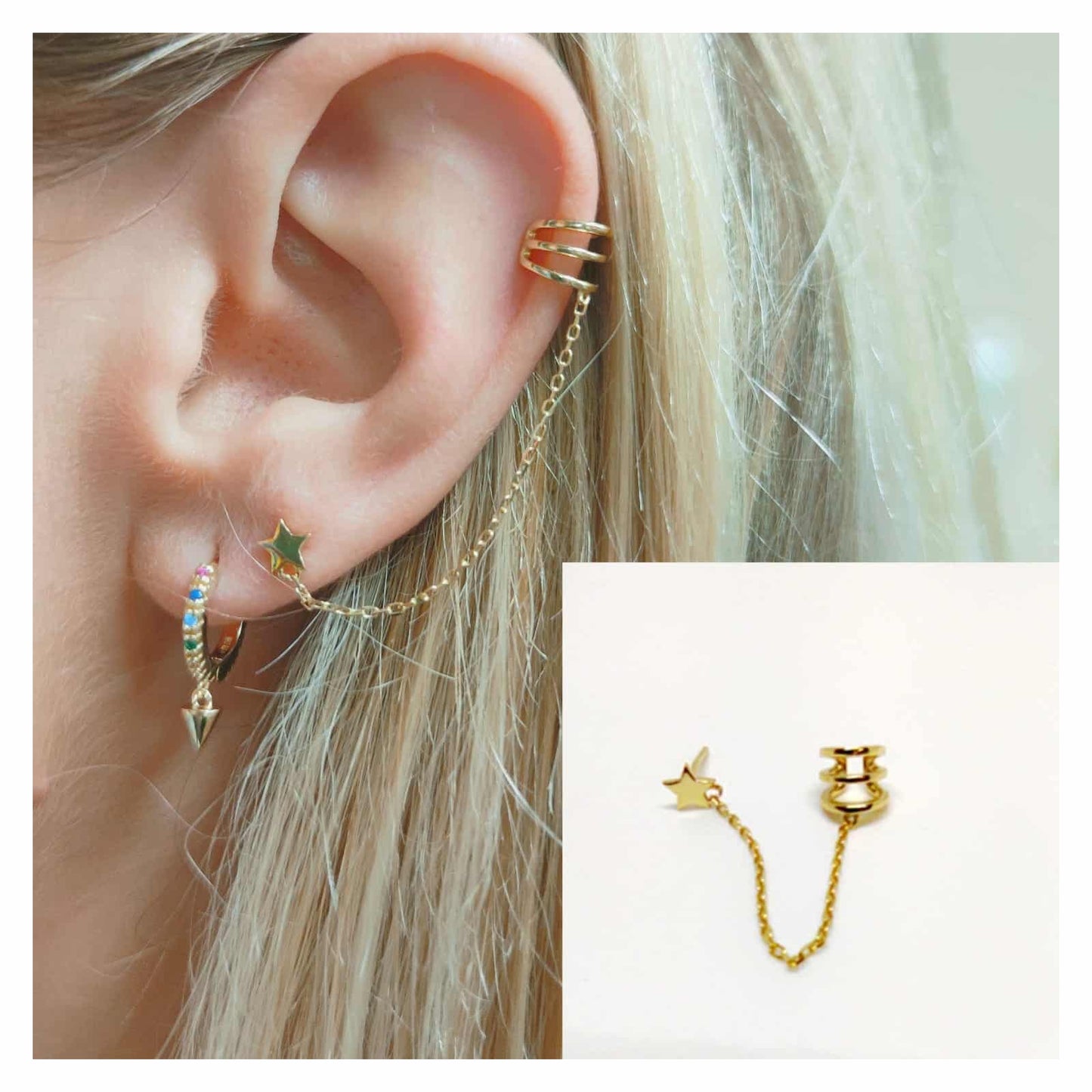 Pendiente ear cuff cadena estrella oro de 14 quilates