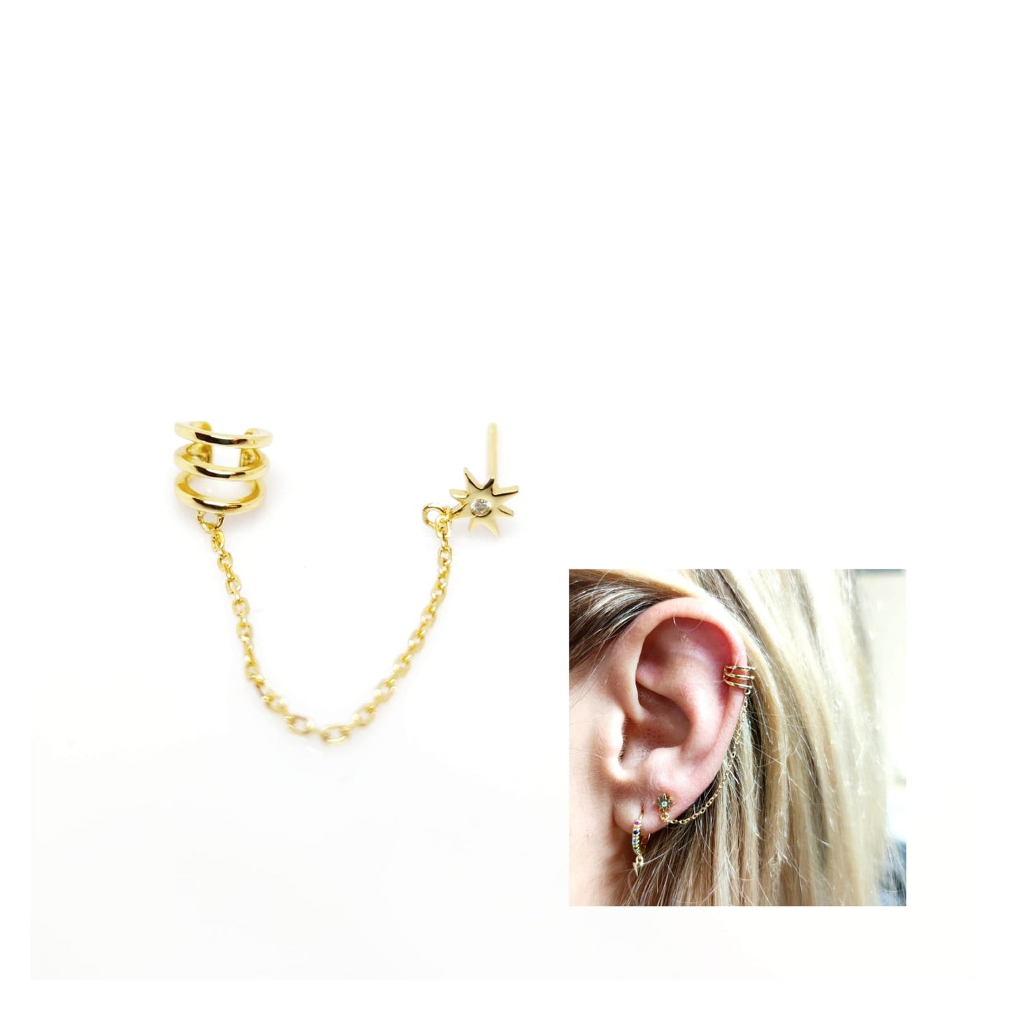 Pendiente ear cuff cadena estrella polar de plata de ley con baño de oro de 14 quilates - Joyería Zafir