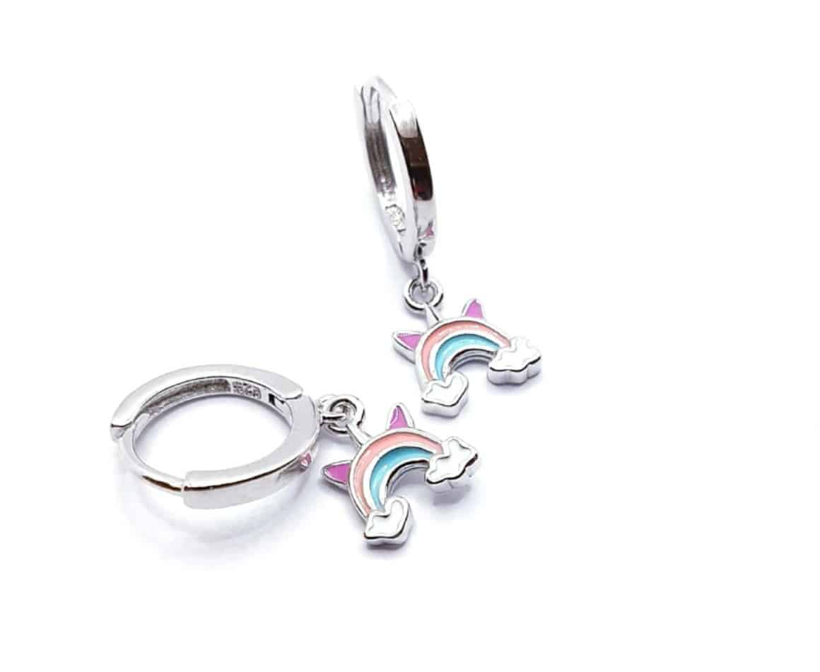Pendientes infantil arcoíris corazón de plata de ley