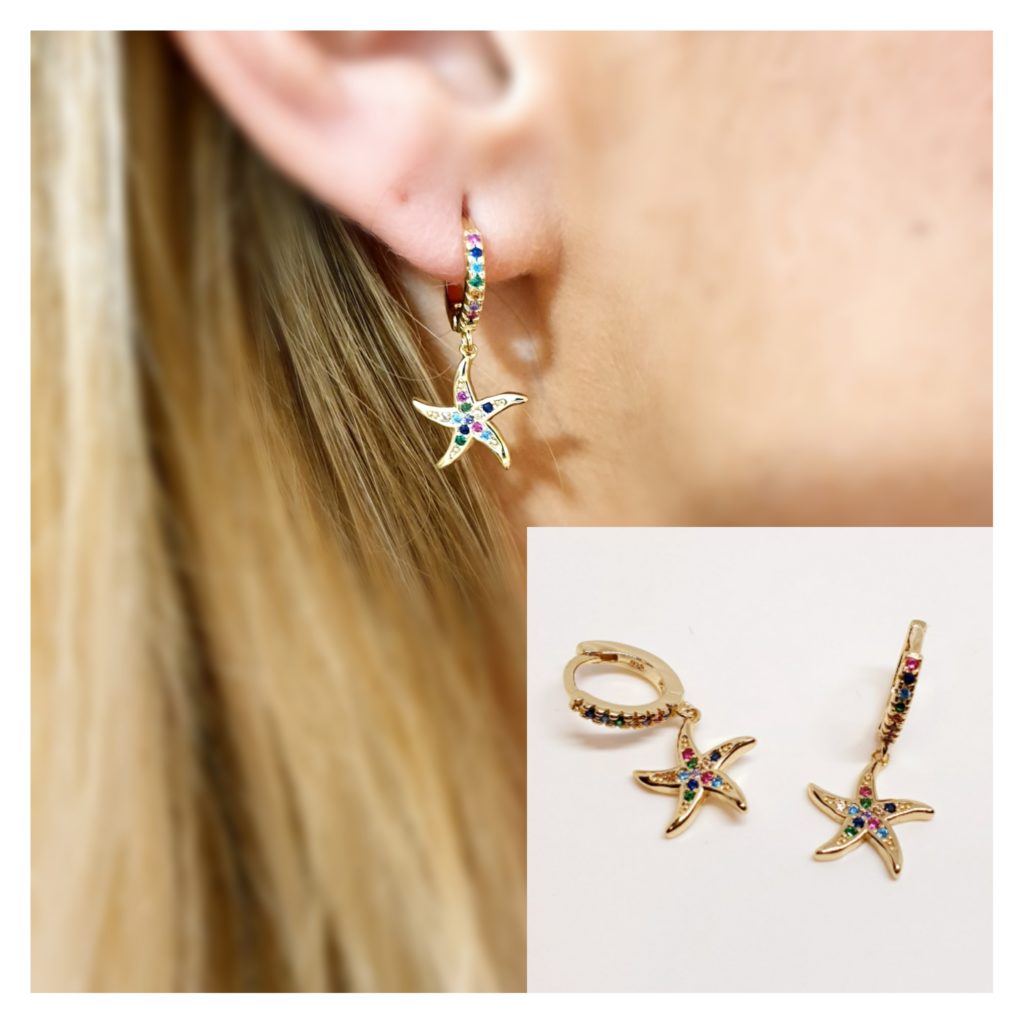 Pendiente oro estrella de mar multicolor de plata de ley