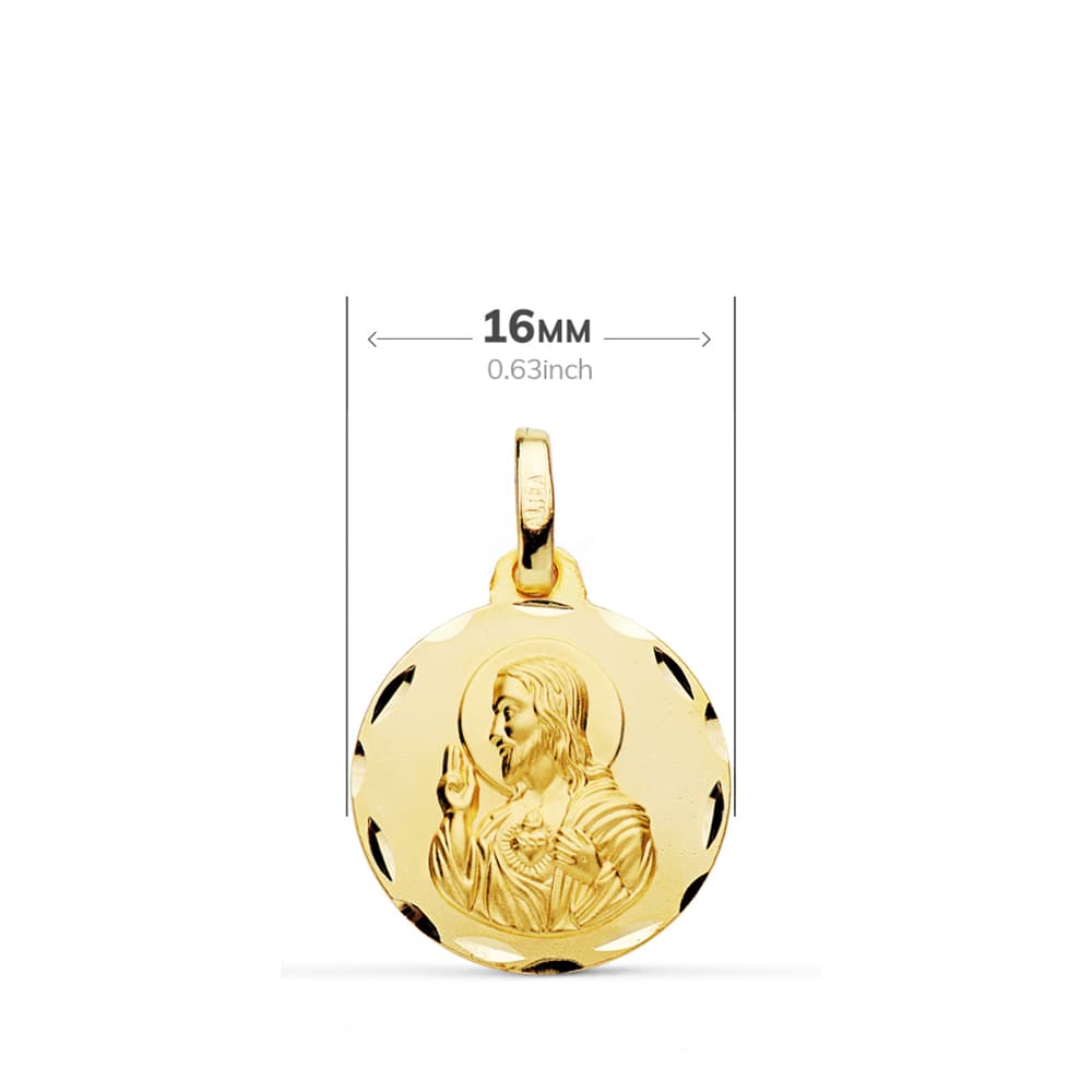 9K ESCAPULARIO ORO AMARILLO TALLADO VIRGEN DEL CARMEN CORAZON DE JESUS 16 MM