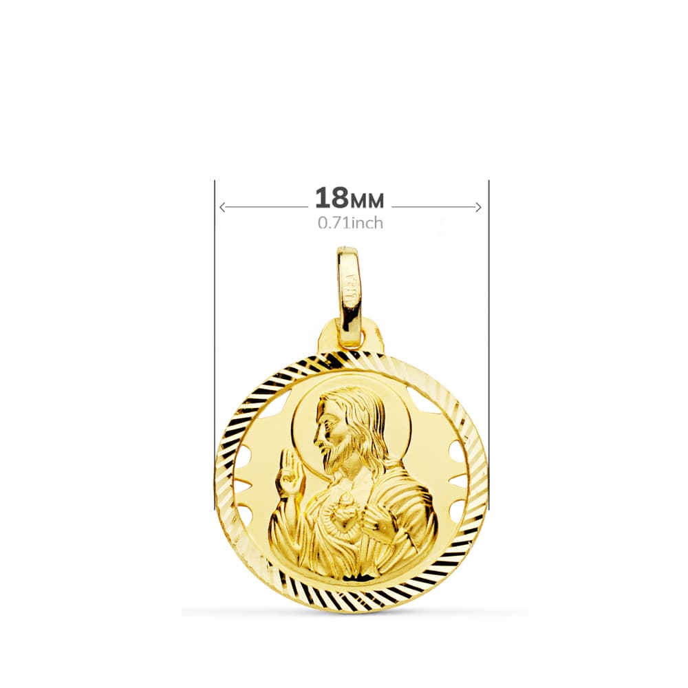 18K ESCAPULARIO ORO AMARILLO HELICE CALADO VIRGEN CARMEN Y CORAZON DE JESUS 18 MM